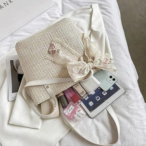 QTKJ Women Large Straw Beach Tote Bag Summer Hand-woven Bags Shoulder Bag Leather Handle Beach Handbags with Cute Lace Bow Small (White) thumbnail 5