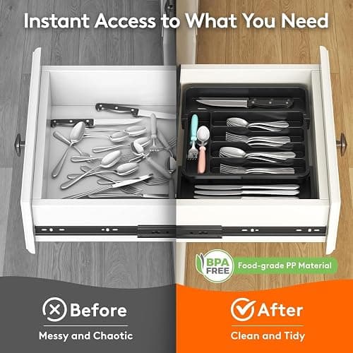 Lifewit Cutlery Organizer, Expandable Utensil Organizer for Kitchen, Utensil Holder, Adjustable Cutlery Tray Drawer Organizer for Spoons, Knives, Kitchen Organizers and Storage, Black thumbnail 4