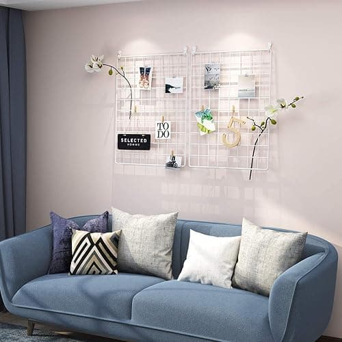 C&AHOME Photo Wall Display Set of 2, Grid Panel with Hooks, Clips, Hemp Cord, Hammer - 15.7" x 11.8", White UWWGM3402W thumbnail 7