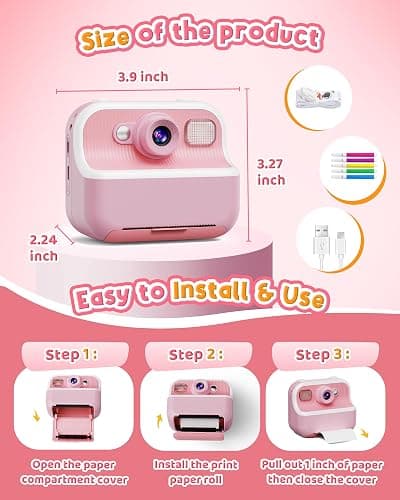 Instant Camera, Front Rear Dual Selfie Kids Camera with 1080P Videos, Holiday Birthday Gifts for Kids Age 3-12, Toddler Portable Travel Print Digital Camera Toy for 4 5 6 7 8 9 Year Boys Girls - Pink thumbnail 8