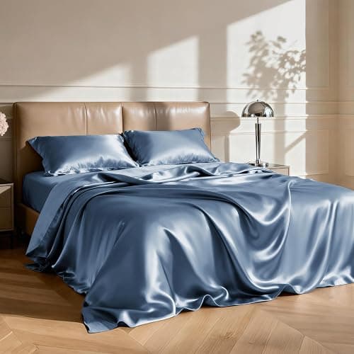 Love's cabin Satin Queen Sheets Set - 4 Piece Ash Blue Silky Bed Sheets Set with Deep Pocket, Luxury Silk Feel Satin Queen Size Sheet Set (1 Flat Sheet,1 Fitted Sheet,2 Pillow Cases) thumbnail 2