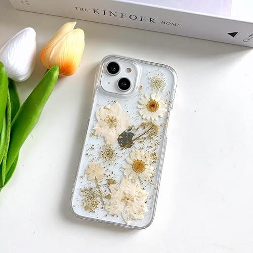 LSEEKA for iPhone 13 / iPhone 14/ iPhone 15 Clear Case with Pressed Real Flowers Design,Glitter Cute White Floral Pattern Soft TPU Protective Women Girl's Phone Cover for iPhone 13/14/15 thumbnail 4