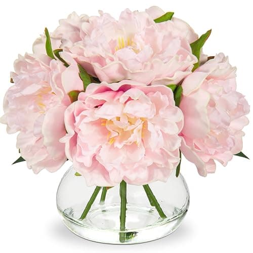 Hollyone Pink Peonies Artificial Flowers with Vase Faux Flowers Peony Fake Flowers Silk Flower Arrangements in Glass Vase with Faux Water for Home Decor Bathroom Table Centerpiece Shelf Decorations - Image 1