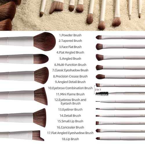 BS-MALL Professional Makeup Brush Set 18 Pcs Premium Synthetic Foundation Powder Concealers Eye Shadows Blush Makeup Brushes with Travel Case (Matte white beige) thumbnail 2
