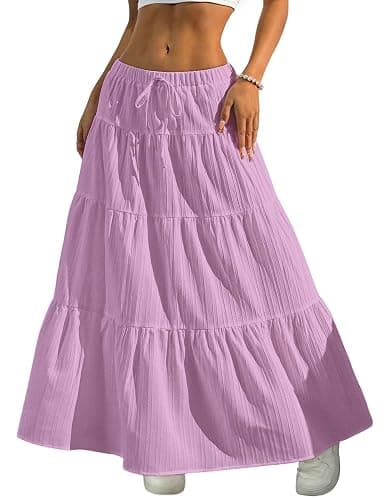 DERAX Women's Boho Flowy White Maxi Skirt Flared Ruffle Elastic Waist Summer A Line 2026 Spring Long Skirts - Image 1