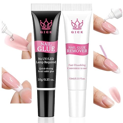 QIEK No-Lamp Nail Glue & Remover Set for Press Ons, 10ml Quick Dry 28 Days Super Strong Hold Glue on Nails, 10g Gentle Easy Removal with Tools Set for Beginner DIY Home, Not for Gel Polish Base Coat - Image 1