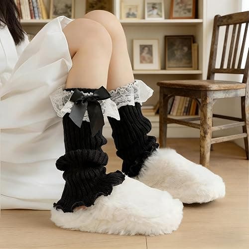 DUOJINSANXI 2 Pairs Leg Warmers for Girls, Cute Black Leg Warmers for Women Winter, Bow Boots Cuffs thumbnail 4