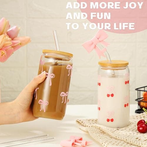 Skylety Set of 2 Coquette Bow Glass Cup 16oz Pink Bow Glass Cup with Lids and Straws Reusable Pink Bow Silicone Straw Toppers Lids Protectors 2 Brush for Drinking Coffee Tea Cocktail (Cherry Bow) - Pink - Cherry Bow thumbnail 7