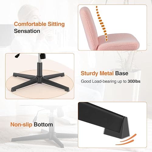 Sweetcrispy Criss Cross Office Chair, Vanity Chair No Wheels | Furry Teddy Fleece, Armless Wide Seat, Height Adjustable Swivel Desk, Task Computer Home Bedroom, Teddy Pink thumbnail 5