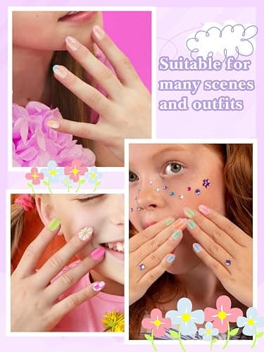78 Pieces Press on Nails for Kids, EBANKU 3 Pack Kid Fake Nail Kit Old Colorful Flower Press on Nails for Girls 8-12 Years with Jelly Nail Adhesives & Nail Builder Glue thumbnail 7