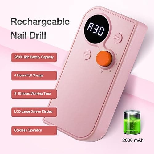 Professional Portable Nail Drill, 30000RPM Rechargeable Electric Nail File Machine Cordless E File Machine Set for Acrylic Nails for Remove Gel Polish Nail for Home & Salon Use,Pink - Pink thumbnail 3
