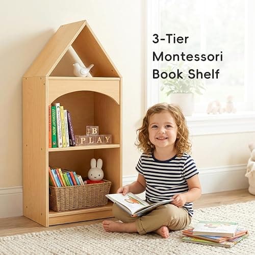 OOOK 3-Tier Montessori Bookshelf with House Shape, Kids Toy Storage Cabinet | FSC Plywood, Use Alone or Fits Shelf Combination Series, Montessori Furniture for Kids Room, Playroom, Nursery, Classroom thumbnail 9