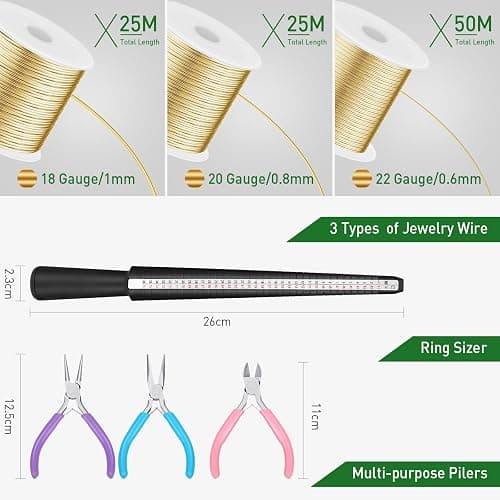 3 Rolls 18/20/22 Gauge Craft Wire for Jewelry Making Aluminum Wire with Ring Sizer Pliers for Jewelry Making(Gold) thumbnail 3