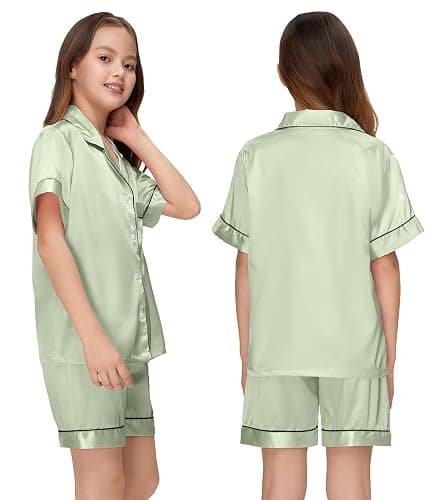 ALHAVONE Kids Silk Pajamas Girls Satin Pajama Set Button Down Pjs Set 5-12Y | Button-down top with pocket, elastic waist bottoms. 3 accessories. Ideal for sleep, birthday, spa party, Christmas, gifting thumbnail 2