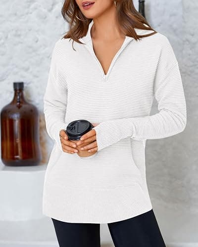BTFBM Sweaters for Women Fall Clothes 2025 Pocket Quarter Zip Pullover V Neck Long Sleeve Knit Trendy Winter Sweater thumbnail 3