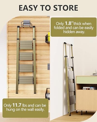 WOA WOA 4 Step Ladders for Home, 300lbs Load, 37'' Top Step, Gold | 9ft Reach; For Closets, Kitchens; Anti-Slip Feet Suit Wood, Tile, Carpet; Rigid Aluminum Pedals; Handrail Adds Balance. thumbnail 7