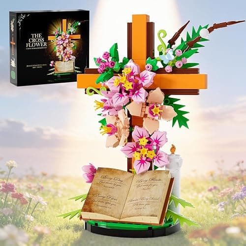 Jesus Cross Flower Building Set, Easter Religious Cross Collectibles, Compatible with Lego Jesus Catholic Building Toys, Easter, Christian, Gifts for Mothers, Women or Adults, Easter Basket Stuffers - Image 1