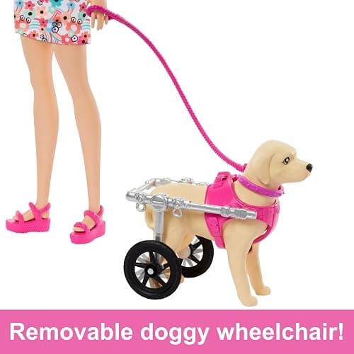 Barbie Doll with 2 Toy Dogs & Pet Accessories, 1 Pup in a Removable Wheelchair with Rolling Wheels, 10+ Piece Set thumbnail 3