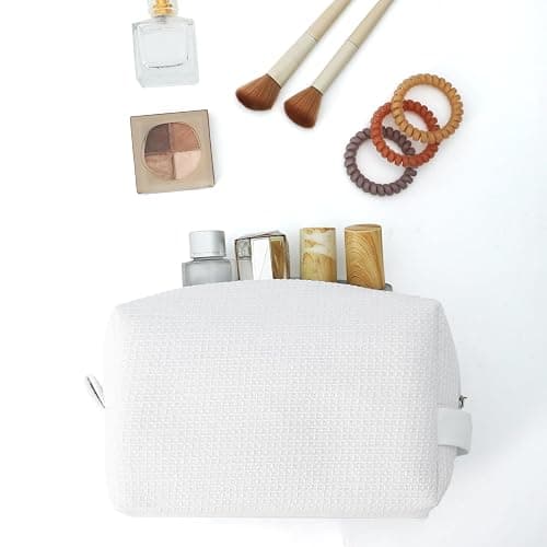 DYSHAYEN Small Waffle Makeup Bag for Travel, White | Cotton Material, Zipper Closure, Portable, Organizer for Cosmetic Accessories, Brushes, Skincare thumbnail 3