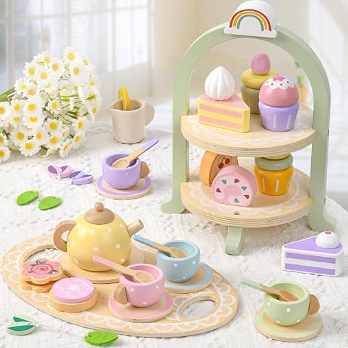 Lonico Wooden Tea Party Set for Little Girls Toddler Tea Set with Cupcake Stand & Food Dessert, Play Kitchen Accessories for Toddlers 2 3 4 5 6 Years Old, Wooden Toys Birthday Kids Girls Gifts 3-6 thumbnail 2