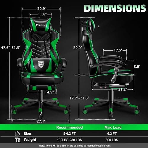 Vonesse Gaming Chair, Big and Tall Gaming Chair with Footrest and Massage, Gaming Chairs for Adults with Lumbar Support, Ergonomic High Back Computer Chair with Pocket Spring Cushion (Green/Black) thumbnail 3