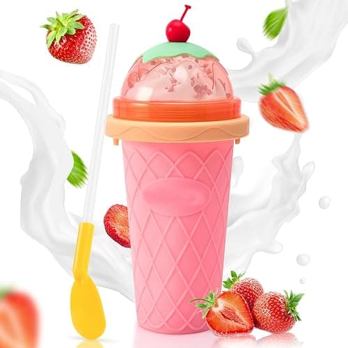 Slushy Cup Slushie Cup,Quick Frozen Magic Cup, Smoothie Cups with Lids and Straws, Double Layer Squeeze Slushy Maker Cup, Portable Squeeze Ice Cup Christmas Gifts for Family, Friends Kids (pink) - Image 1
