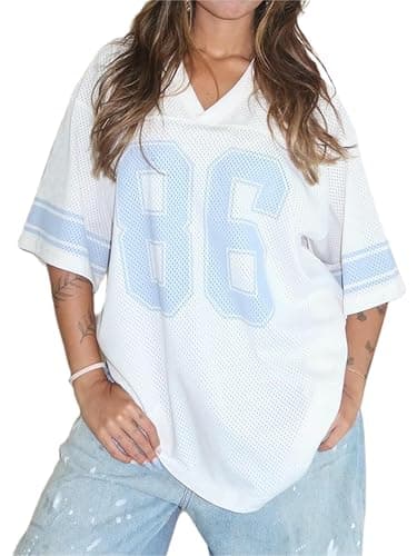 Oversized Jersey Shirts for Women Y2k Number Graphic Print V Neck Short Sleeve Aesthetic Summer T-Shirt Streetwear - Image 1