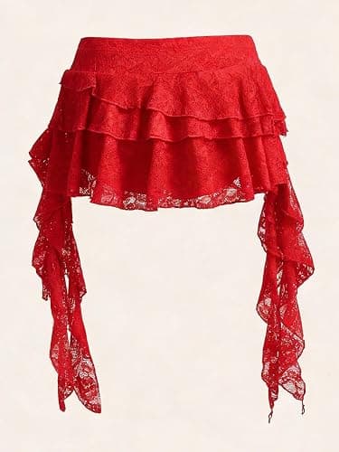 Women's Y2K Mini Skirt Ruffle Lace Mesh Asymmetrical Flowy Short Skort | Bulit-in shorts, layered pleated low rise design, boho/gothic/western style, for rave party/country concert thumbnail 3
