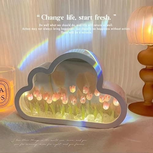 Yckeogln DIY Cloud Tulip Mirror Night Light, Simulation Flower Bedroom Cloud Tulip Table Lamp, Creative Home Decoration, Room Decor for Teen Girls(Pink) thumbnail 4