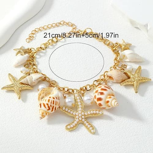 Qceasiy Ankle Bracelet Set for Women, Gold Boho Bead Adjustable Anklet, Hawaiian Beach Pearl Heart Starfish Foot Jewelry Gifts thumbnail 7