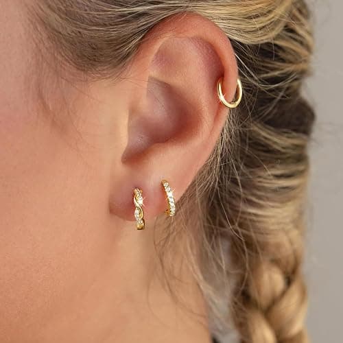 Inerney Gold Huggie Hoop Earrings Set for Women, Dainty Small Sterling Silver Earring Stacks Hypoallergenic Jewelry for Multiple Piercings, Trendy Twisted Cute Cartilage Hoops Birthstone Gift 3 Pairs thumbnail 3