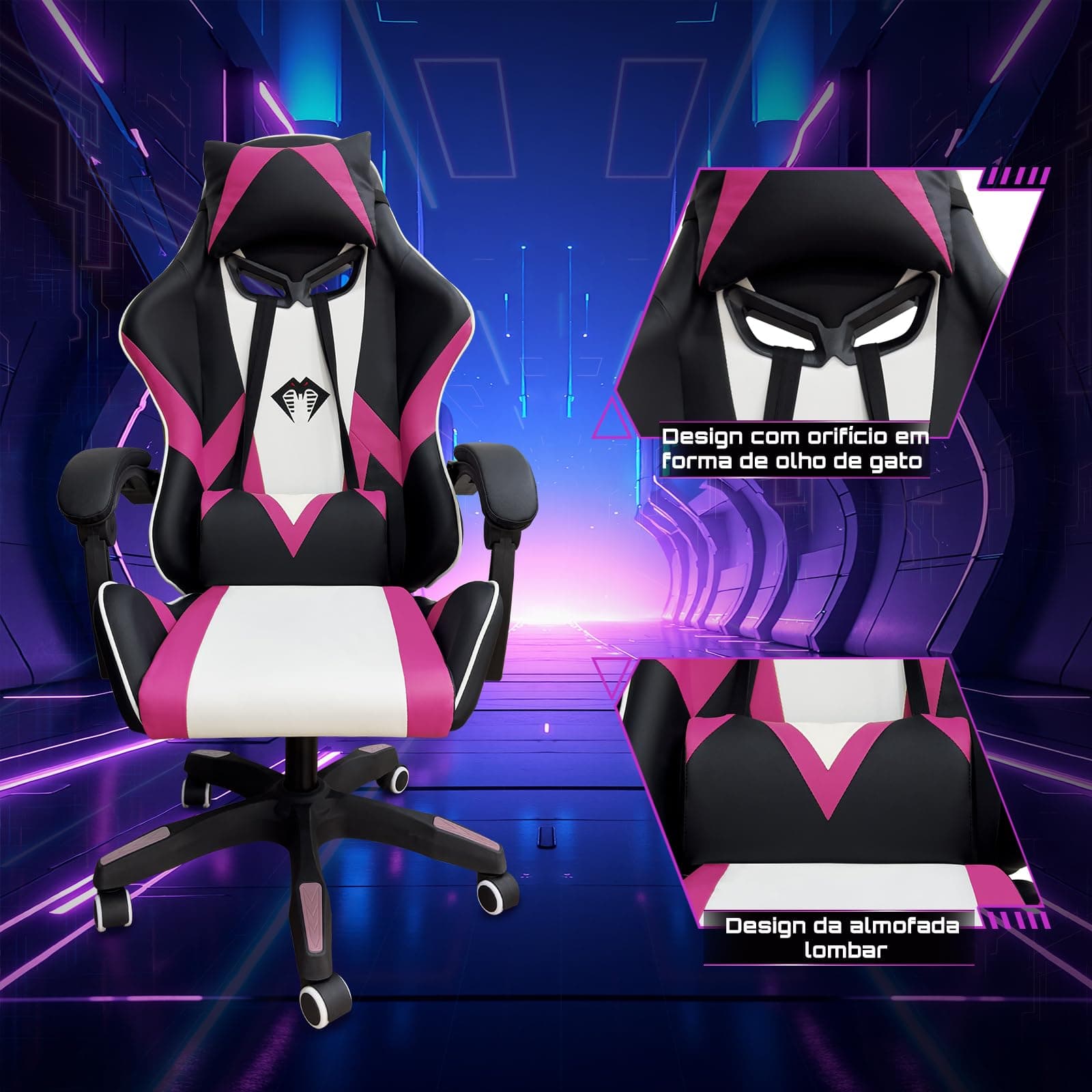 Cadeira Gamer Python Fly, Design Estilo Gamer, Tecido Respirável, Design Ergonômico (Rosa) thumbnail 5