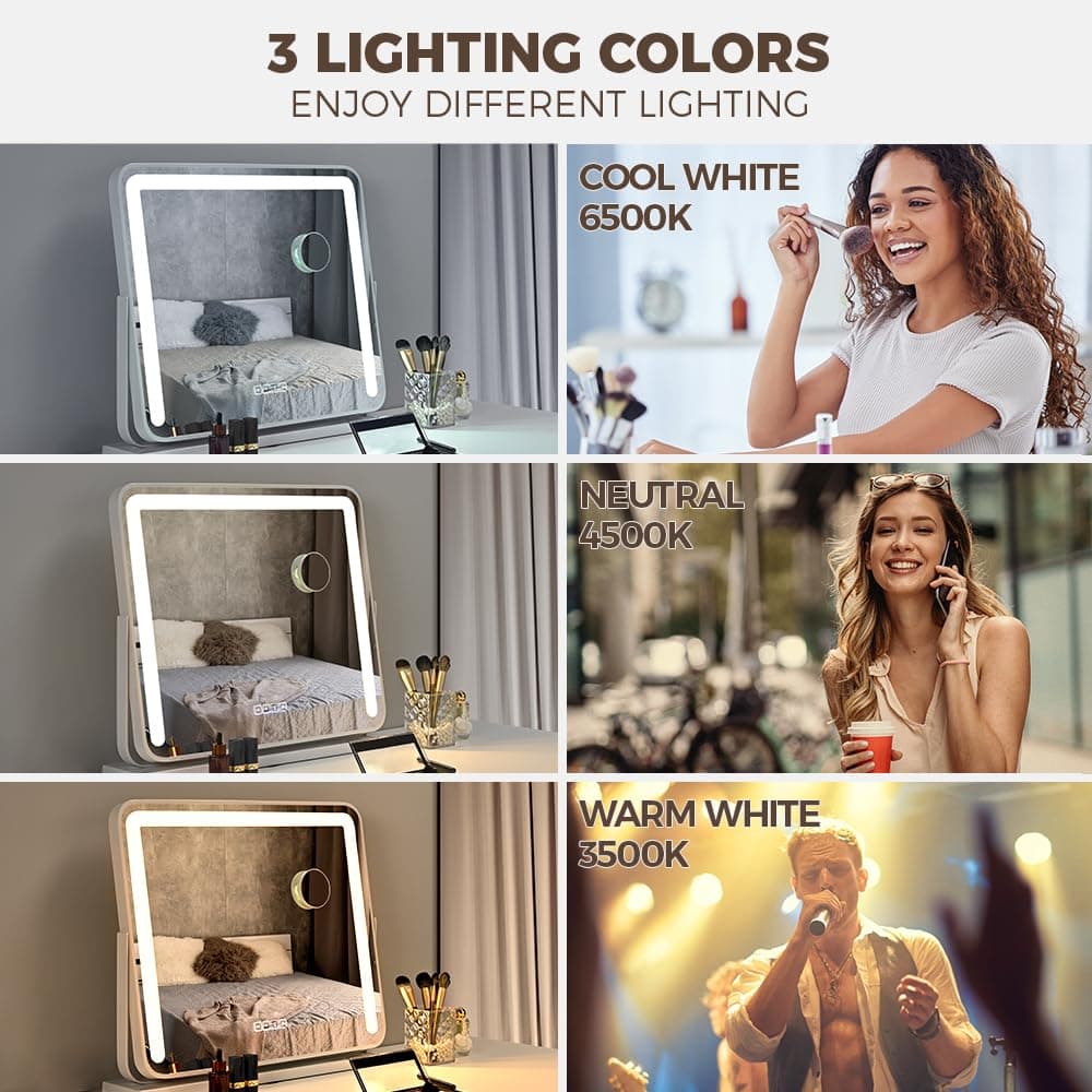 Simplus Vanity Makeup Mirror with Lights Hollywood LED Mirrors Stand, Bluetooth Speaker USB Power Charging and Smart Touch Control Screen, with Detachable 10x Magnifying Mirror White, 60x52cm thumbnail 4