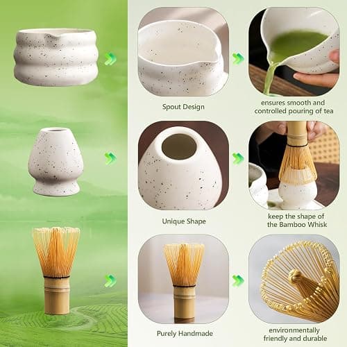 4PCS Matcha Tea Set with Whisk and Bowl, Traditional Bamboo Chasen Matcha Whisk & Handmade Ceramic Matcha Bowl with Spout (White) thumbnail 4