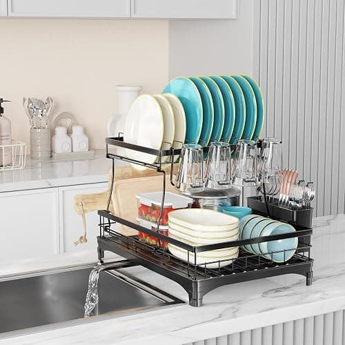 Simple Trending Dish Rack, Stainless Steel Dish Drying Rack for Kitchen Counter, Large Capacity 2-Tier Dish Drainer Organizer with Utensil Holder, Black thumbnail 9