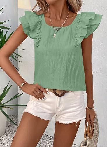 Falechay Womens Bow Tie Back Tops Round Neck Ruffle Short Sleeve Shirts Cute Babydoll Chiffon Tee Women Summer Trendy Tunic thumbnail 4