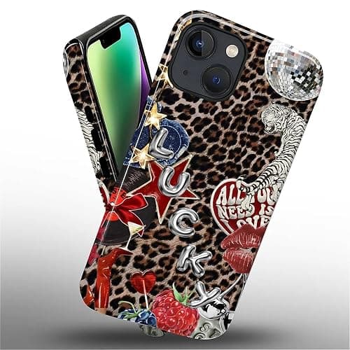 Compatible with iPhone 13 iPhone 14 Case - Dual-Layer Protection, Hard Shell with Silicone Interior,Slim Scratch Resistant Shockproof for Woman Men - Leopard Star Unique Collage thumbnail 3