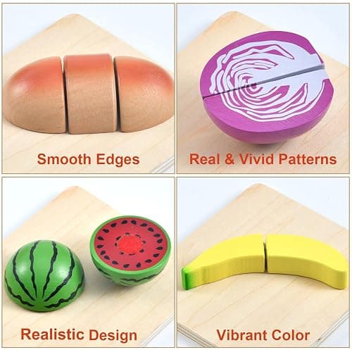 WHOHOLL 43 Pcs Wooden Play Food for Kids Play Kitchen Accessories Playset with Basket, Pretend Cutting Food Toys for 3 4 5 6 Year Old, Vegetables Fruits Toys Christmas Birthday Gifts for Girls Boys thumbnail 5