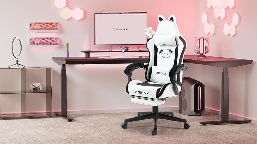 Dowinx Gaming Chair Cute with Plush Doggy and Massage Lumbar Support, Ergonomic Computer Chair for Girl with Footrest and Headrest, Comfortable Game Chair 290lbs for Adult, Teen, Black and White thumbnail 7