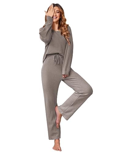 Ekouaer Women's Waffle Knit Pajama Sets Comfy Long Sleeve Lounge Sets 2 Piece Matching Pj Sets with Pockets - Image 1