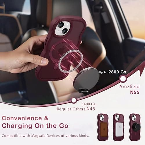 Amzfield for iPhone 13/14 Case for Magsafe Wavy Frame Cute, Burgundy | Aesthetic Translucent Matte Hard Back Silicone Bumper Shockproof Protective Magnetic Chic Girly Phone Case for Women Girls thumbnail 3