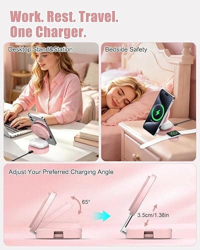 3 in 1 Magnetic Wireless Charging Station for iPhone 17/16/15/14/13/12 Series, Apple Watch and AirPods, MagSafe-Compatible 15W Fast Charging Stand, Foldable Adjustable Travel Charger, Pink thumbnail 4