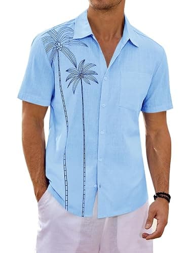 Runcati Mens Hawaiian Shirt Short Sleeve Button Down Summer Beach Vacation Cotton Linen Shirts - Image 1