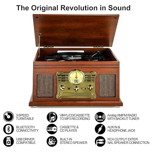 FEKTIK Bluetooth Record Player 10 in 1, 3-Speed Turntable for Vinyl with Speakers, LP to MP3 Converter, CD, Cassette Player, FM Radio, Wireless Streaming | Mahogany - Mahogany thumbnail 2
