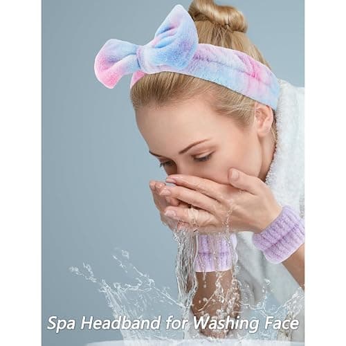 VELSCRUN Spa Headbands for Wash Face, Makeup Headband, Facial Skincare Headbands, 5 Pcs Purple Colourful Puffy Sponge Spa Headband Bow Tie Hair Band Hair Clips Wristband Set Women Girls Accessories thumbnail 2