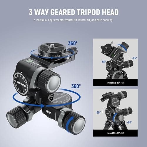 NEEWER 3 Way Geared Tripod Head with 360° Panoramic Arca QR Plate, Millimeter Micro Adjustment, Aluminum Alloy 3 Axis Pan Tilt Head with Quick Switch Large & Fine Dual Modes, Max Load 13.2lb/6kg, TH15 thumbnail 2