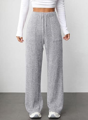 Aleumdr Womens Ribbed Wide Leg Lounge Pants with Pockets Casual Relaxed Comfy Loose Soft Knit Pajama Pants with Drawstring thumbnail 8