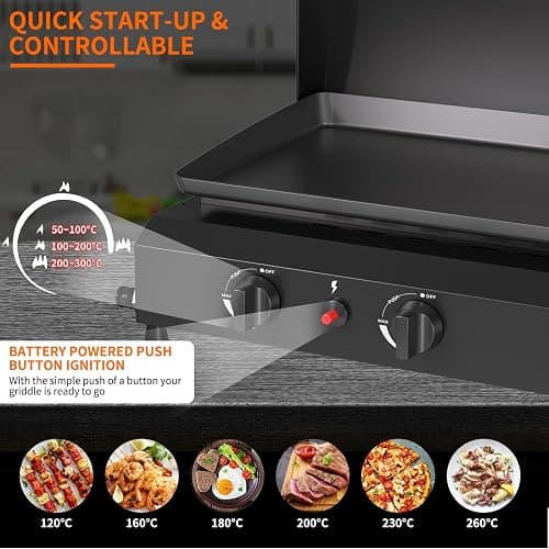 SKOK 23.3 Inch Flat Top Grill, Gas Griddle with Hood, Portable Tabletop Propane Gas Griddle Grill for Camping, Outdoor & Tailgating Barbecue, 45,000 BTU Output, 3 Burners thumbnail 6