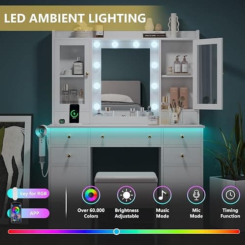 Makeup Vanity Desk with Mirror and Lights, White Vanity Table Set with Storage Drawers, Charging Station, Cabinets & Chair, Large Dressing Table with RGB Ambient Light for Women Girls Bedroom Bathroom thumbnail 3