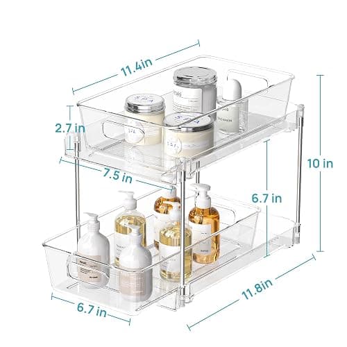 Vtopmart 4 Pack Bathroom Organizer, 2 Tier Clear Under Sink Organizers Vanity Countertop Storage Container,Cabinet Drawers Bins, Pull-Out Organization with Track for Pantry, Kitchen - Clear - 4 Pack thumbnail 2